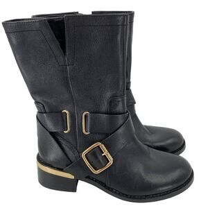 Vince Camuto Boots Womens 6 Black Leather Mid Calf Moto Harness Side Zip